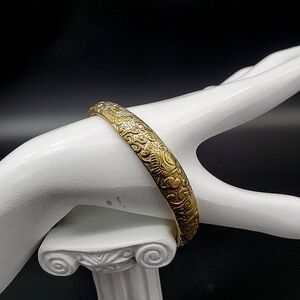 Chinese Brass with Silver Plate Bracelet w Tooled Design Scrolls and Koi Fish